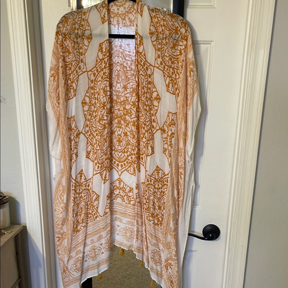 NWOT LOVESTITCH Bohemian Orange and White Kimono ~ OS